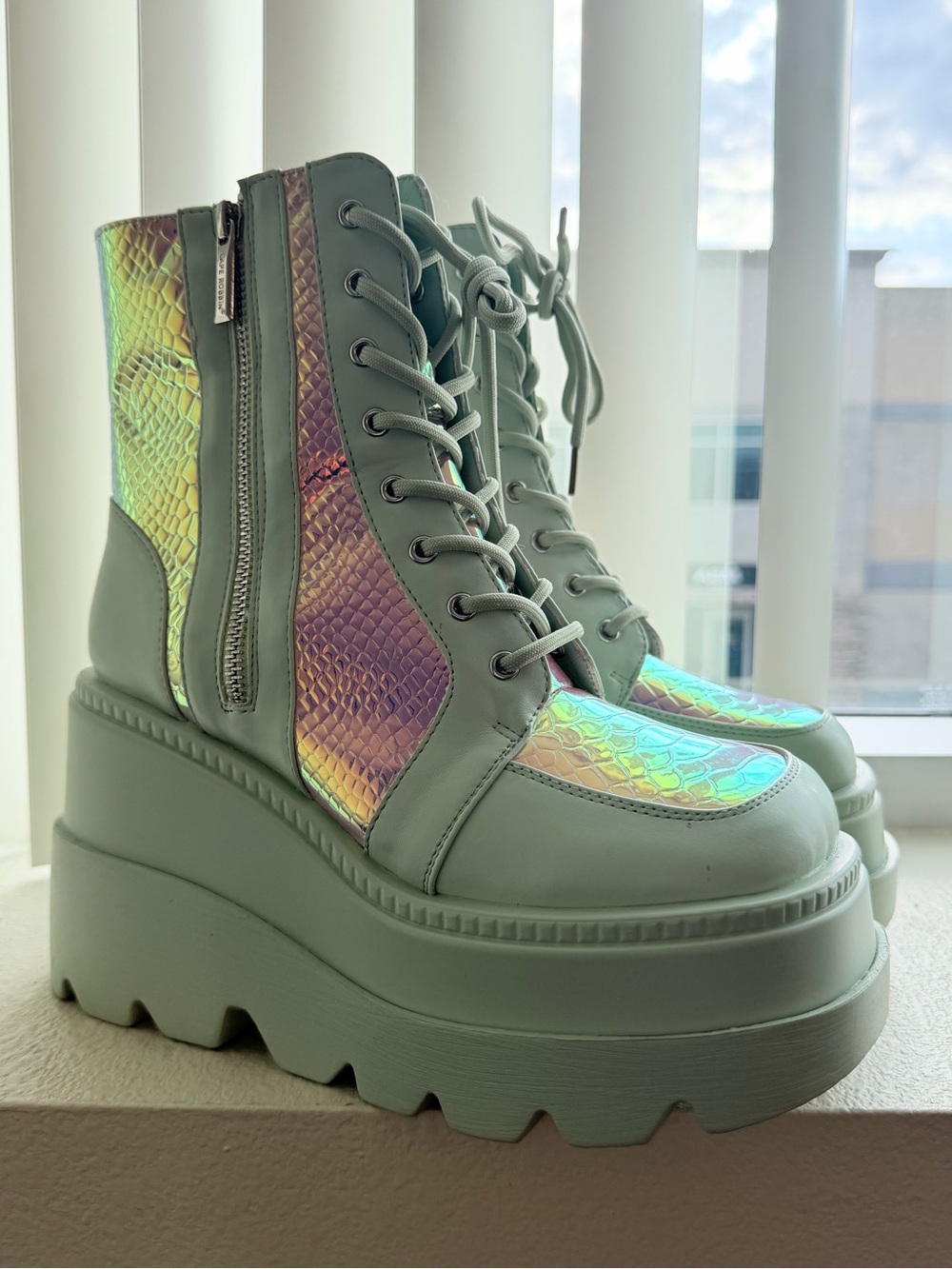 PRE LOVED - RADIO Prismatic Sage Platform Boots Size 8 -SH318
